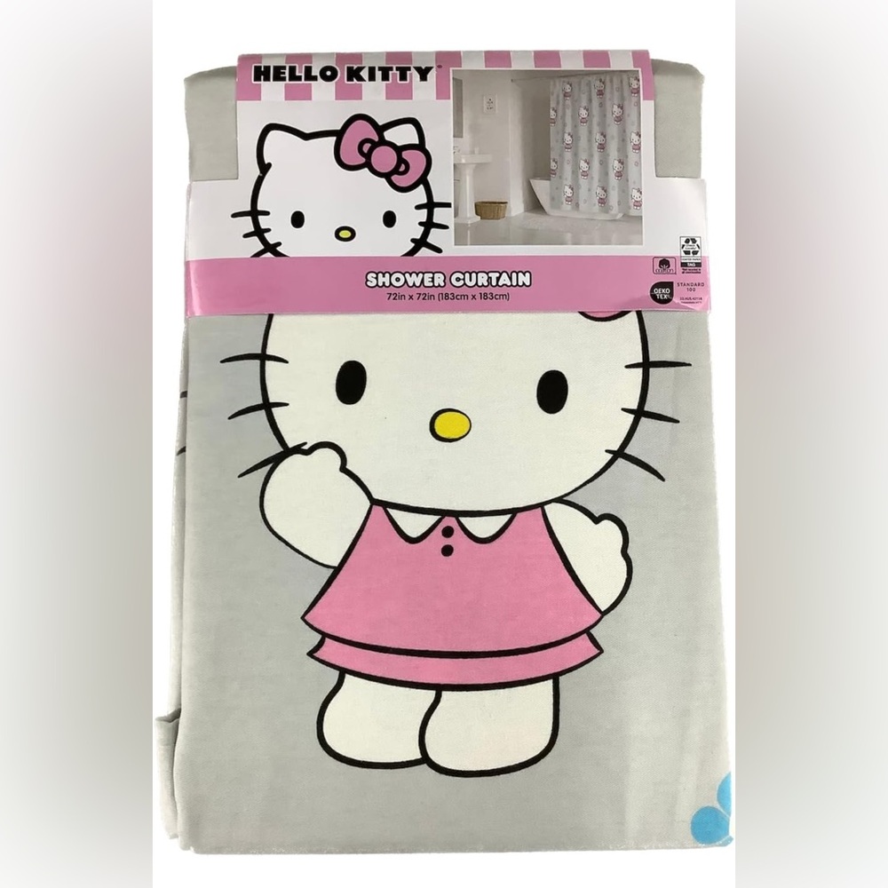 Hello Kitty Shower Curtain. Grey with HK figures and colourful Daisies.